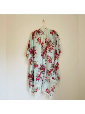 Mint Green & Pink Floral Kimono With Fringe OSFM Polyester By Walmart
